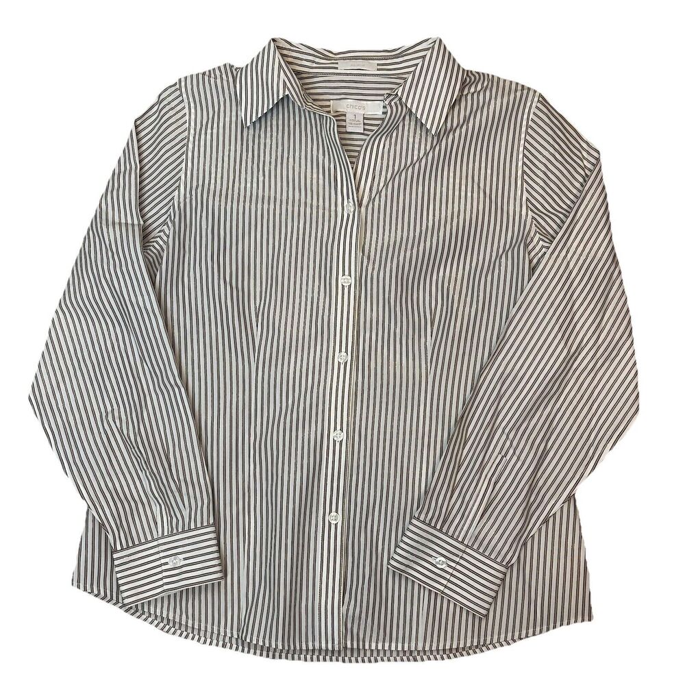 Chicos 1 Button Front Top Size 8 Medium Long Sleeve White Gold Stripe Cotton